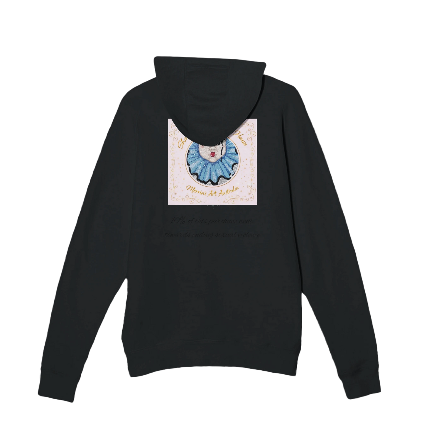 black hoodie with merrins art logo and giving message on back