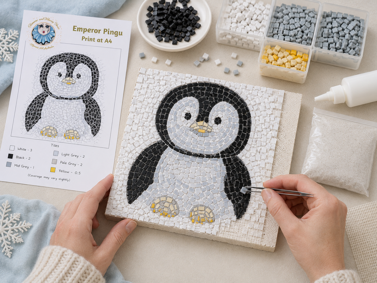 Emperor Pingu Penguin Mosaic Kit | Luxury Mosaic Art Kit with Plywood Board | 🛠 Luxury Kit