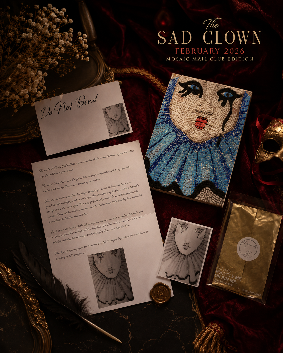 Past Mosaic Mail Club | February 2026 | The Sad Clown Mosaic