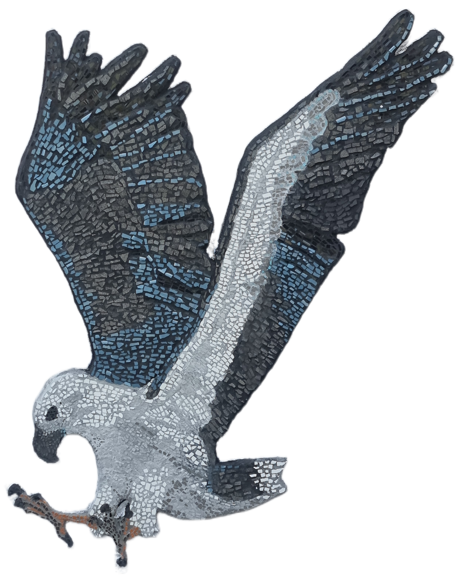 Completed mosaic of a white-bellied sea eagle coming in for landing. Its wings are swept back, talons extended forward and spread wide, capturing the dramatic moment with bold, detailed tile work. The eagle's white chest contrasts with its dark wings against a blank background.