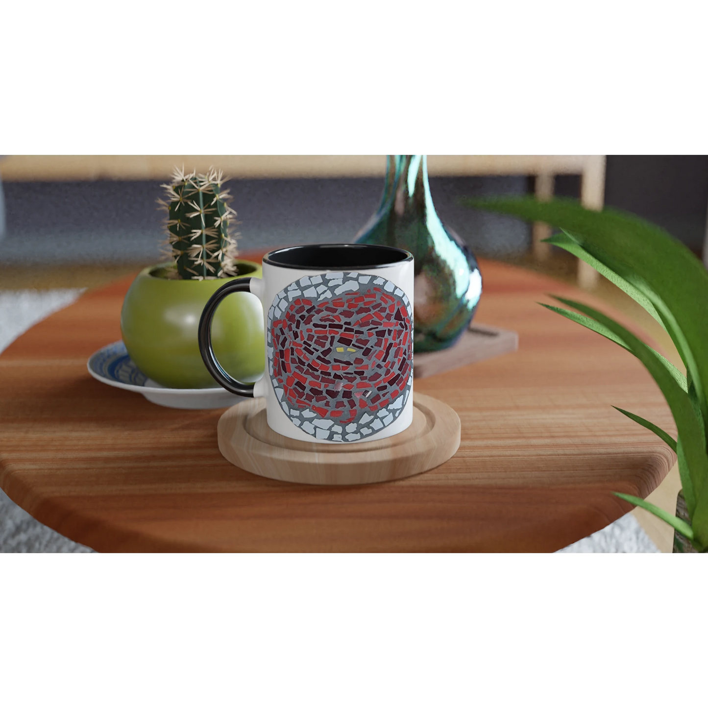 black rimmed mug in front of vases mock up with rose coaster mosaic design made in Sebastopol Victoria