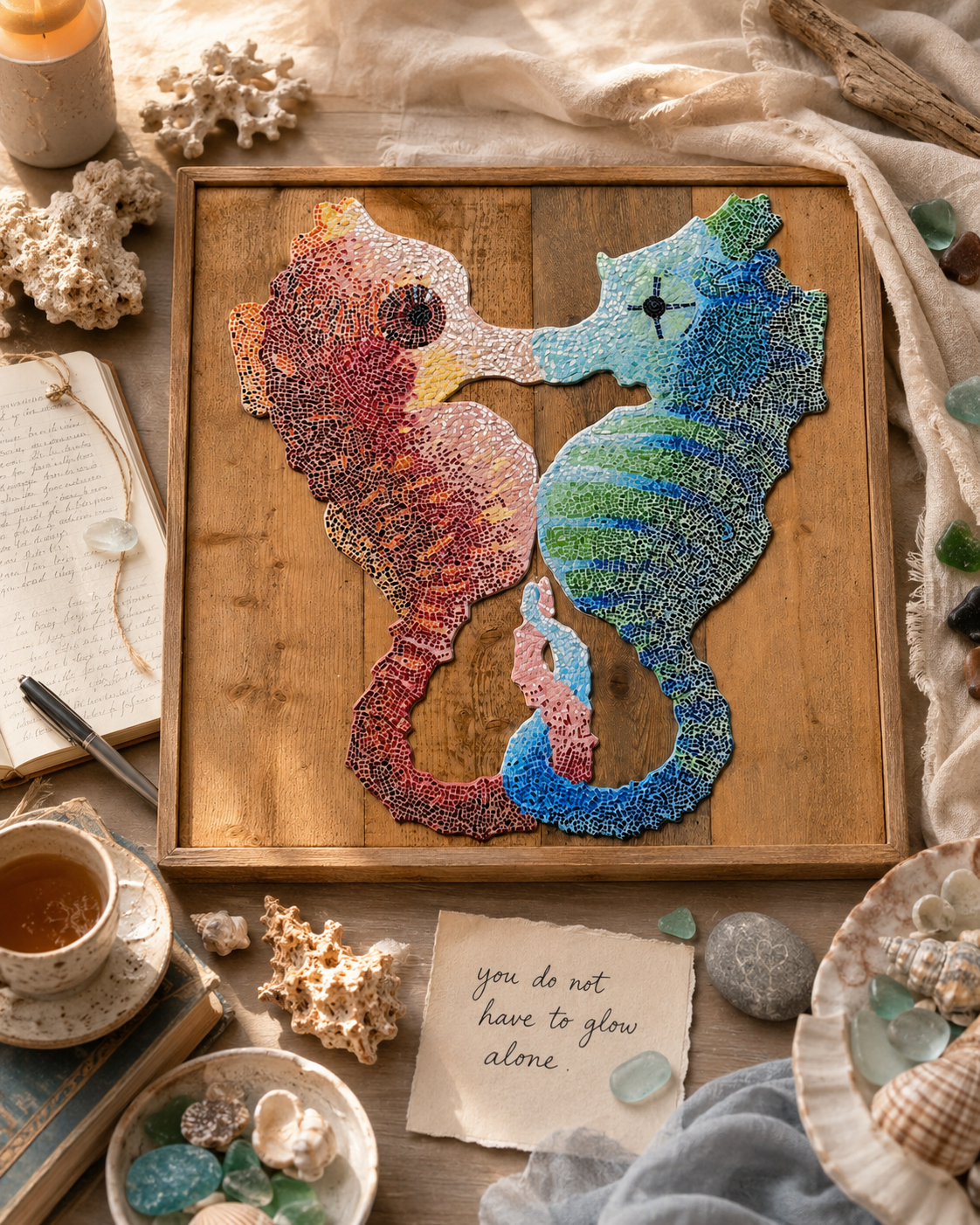 Our Light Beneath the Waves Seahorse Mosaic Kit | Luxury Mosaic Art Kit with Plywood Board | 🛠 Luxury Kit With Tool Kit