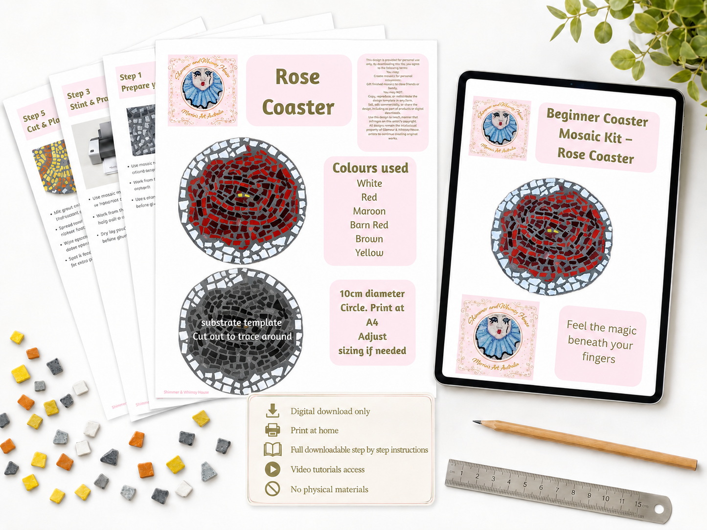 Rose Mosaic Coaster DIY Kit – 10cm Round | Beginner-Friendly | 🌱 Level 1