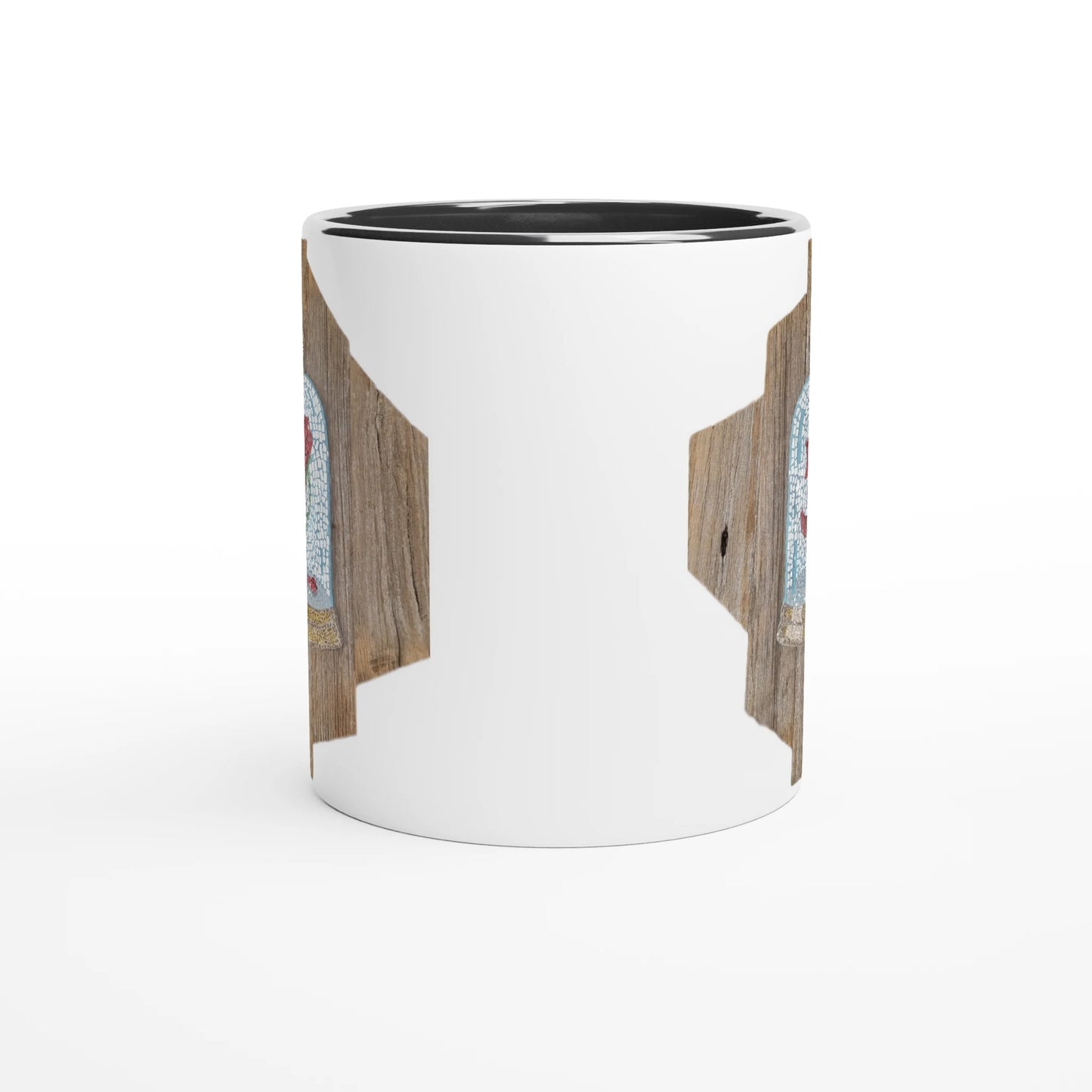 the cursed rose mosaic mug with black inside handle behind