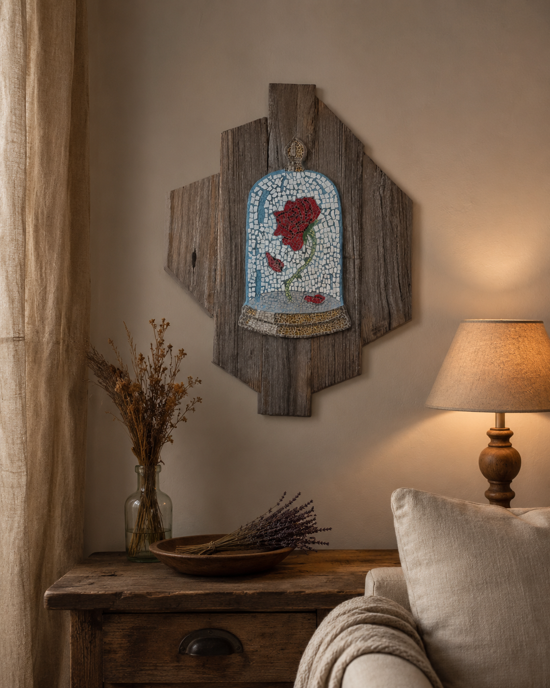 The Cursed Rose Original Mosaic Artwork on Rustic Timber