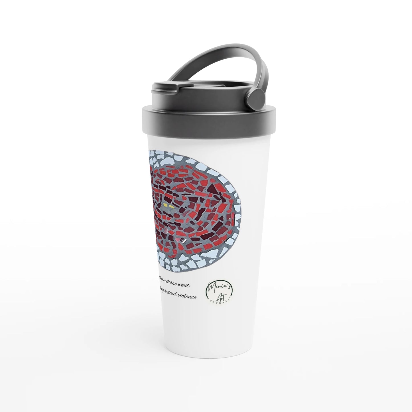 travel mug facing left with rose coaster mosaic design made in Sebastopol Victoria