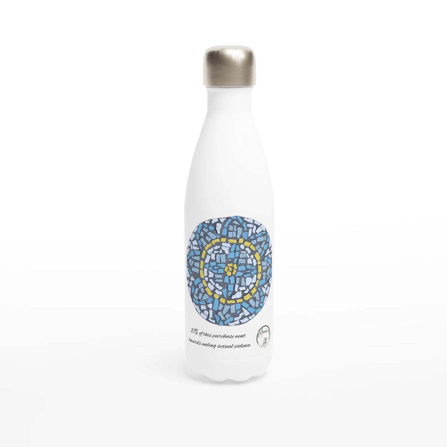 stainless steel water bottle with mandala coaster mosaic design made in Sebastopol Victoria