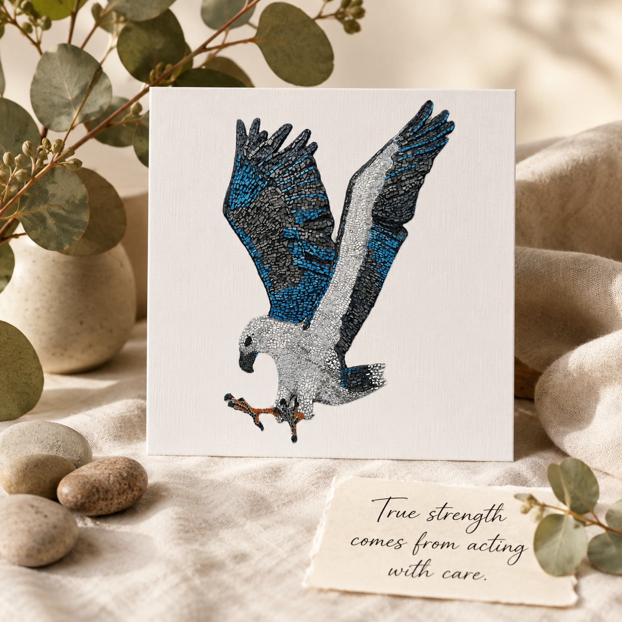 Willow White-bellied Sea Eagle matte postcard shown in protective sustainable packaging with soft gold tissue paper, eucalyptus and a small card reading “Made on demand with care,” styled as an eco-conscious art print unboxing for a meaningful Australian wildlife postcard.