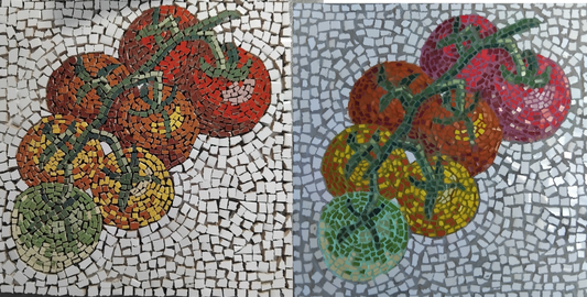 an array of ripening tomato mosaic diplaying the before and after effects of grouting your mosaic using the shard painting technique in multiple colours of grout.
