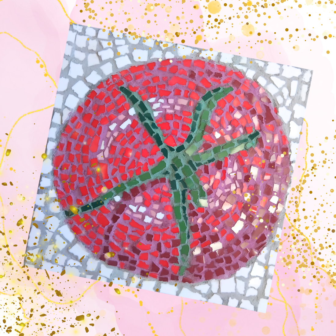 a gorgeous tomato mosaic depicting shard painting mosaic technique specialising in shard tiles with andamento flow and multi coloured grout application