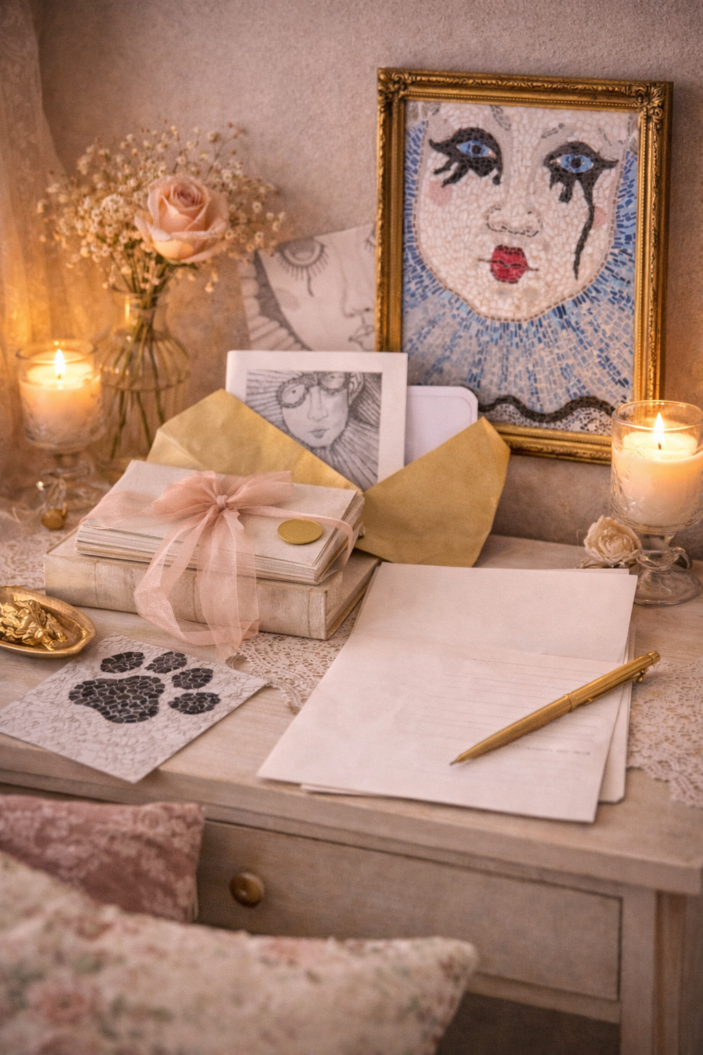 Small cottagecore home corner with framed art, books, soft lighting, flowers, and cozy vintage-inspired styling