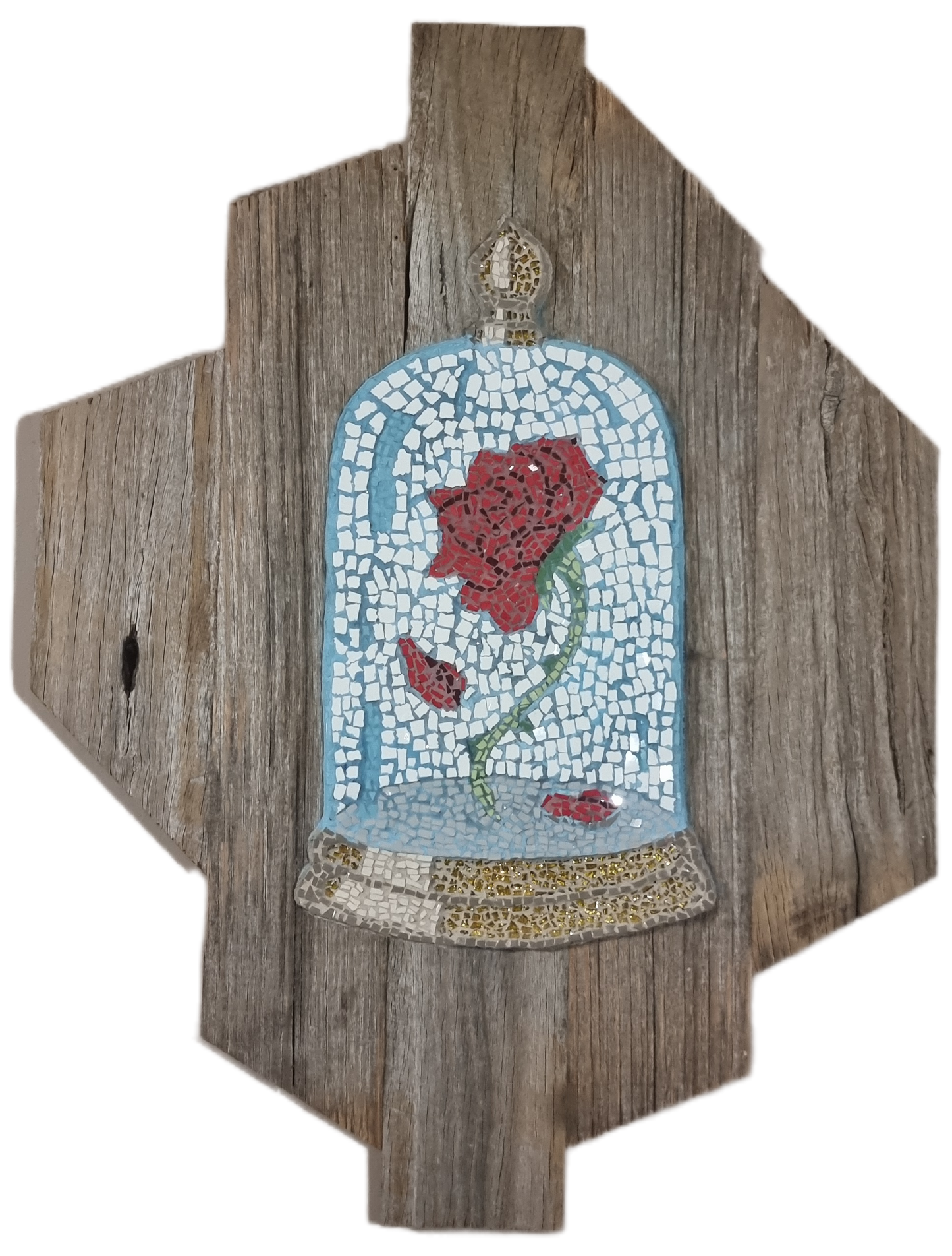 "Finished Cursed Rose mosaic mounted in a rustic timber frame, photographed with no background. The rose’s deep red petals and dark accents evoke a sense of mystery and enchantment, contrasting with the weathered texture of the frame.