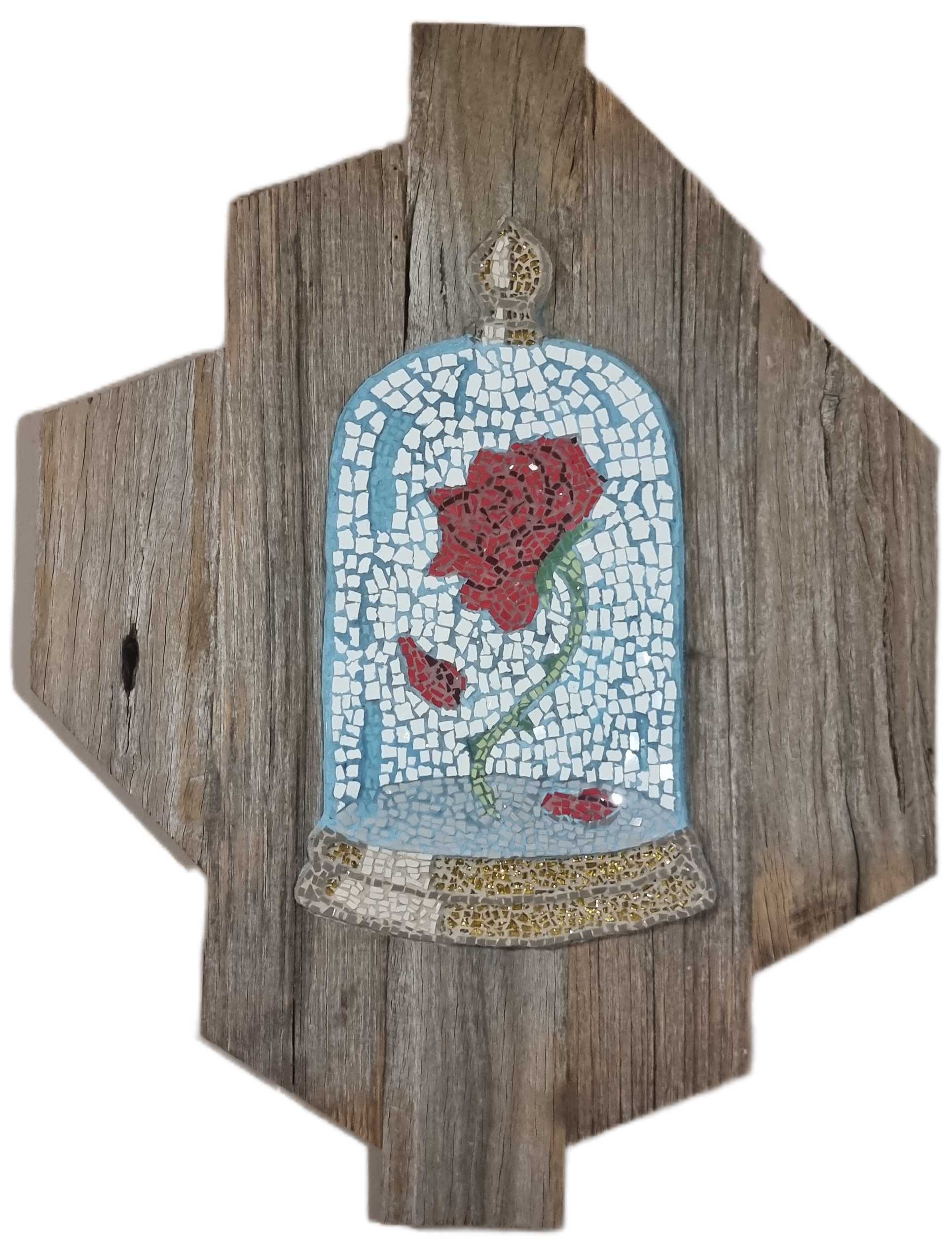 "Finished Cursed Rose mosaic mounted in a rustic timber frame, photographed with no background. The rose’s deep red petals and dark accents evoke a sense of mystery and enchantment, contrasting with the weathered texture of the frame.