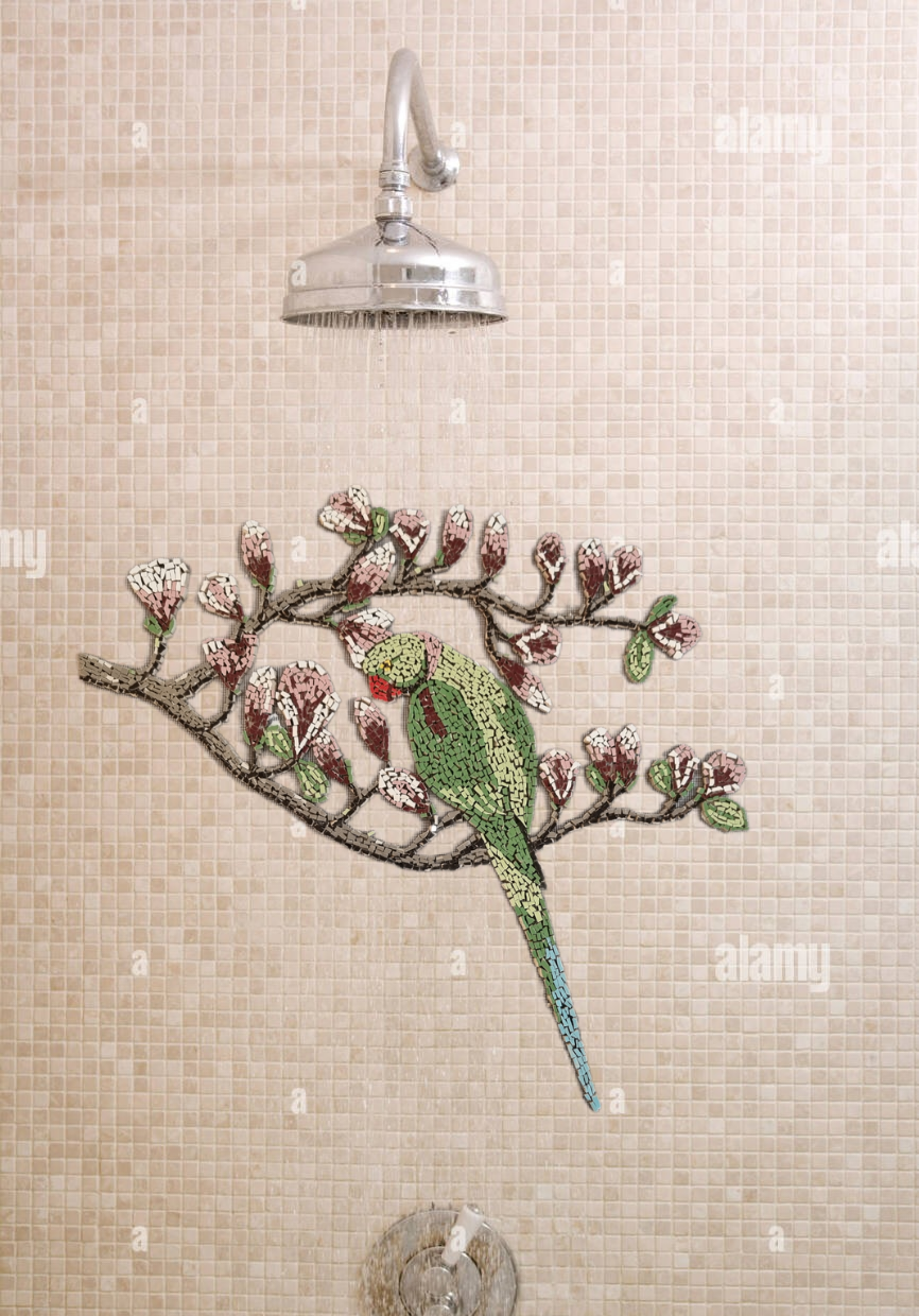"Alexandrine parrot mosaic mocked up on mesh in a shower setting, demonstrating how passive inlay placement can blend seamlessly into tiled surfaces.