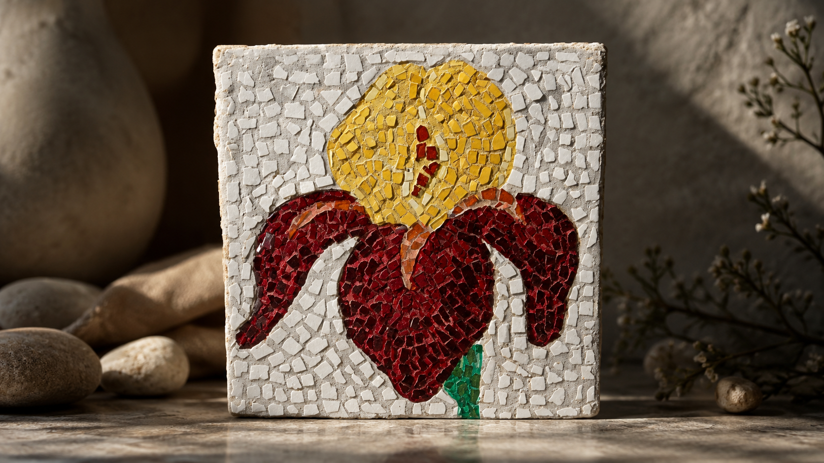 Load video: Amberflame is a handmade mosaic iris artwork in molten gold and deep burgundy, created as a quiet symbol of emotional resilience, healing after heartbreak, and rediscovering yourself after loss. Available as mosaic wall art, unique art prints, everyday pieces, and mosaic kits, Amberflame invites you to bring a little warmth, courage, and reflective beauty into your home.