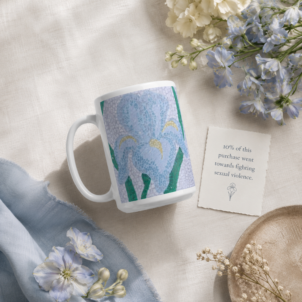 Aveline Iris Ceramic Mug 15oz | Floral Mosaic Art Mug
