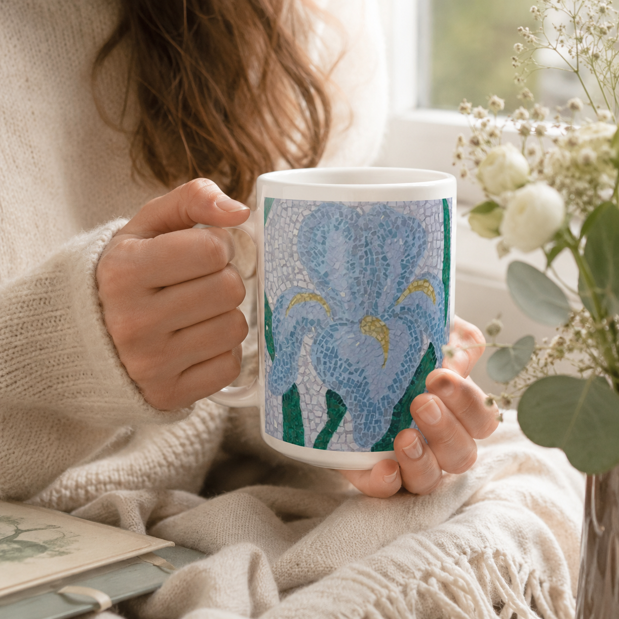 Aveline Iris Ceramic Mug 15oz | Floral Mosaic Art Mug