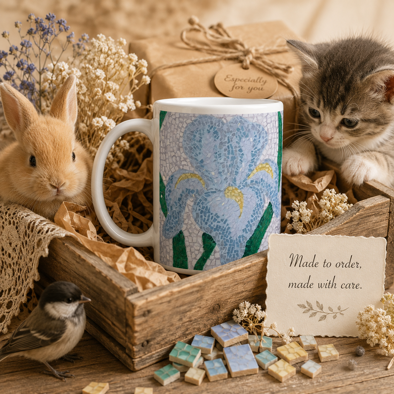 Aveline Iris Ceramic Mug 15oz | Floral Mosaic Art Mug