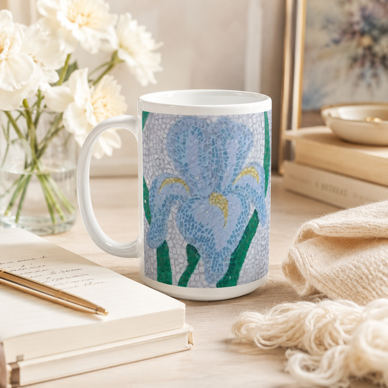 Aveline Iris Ceramic Mug 15oz | Floral Mosaic Art Mug