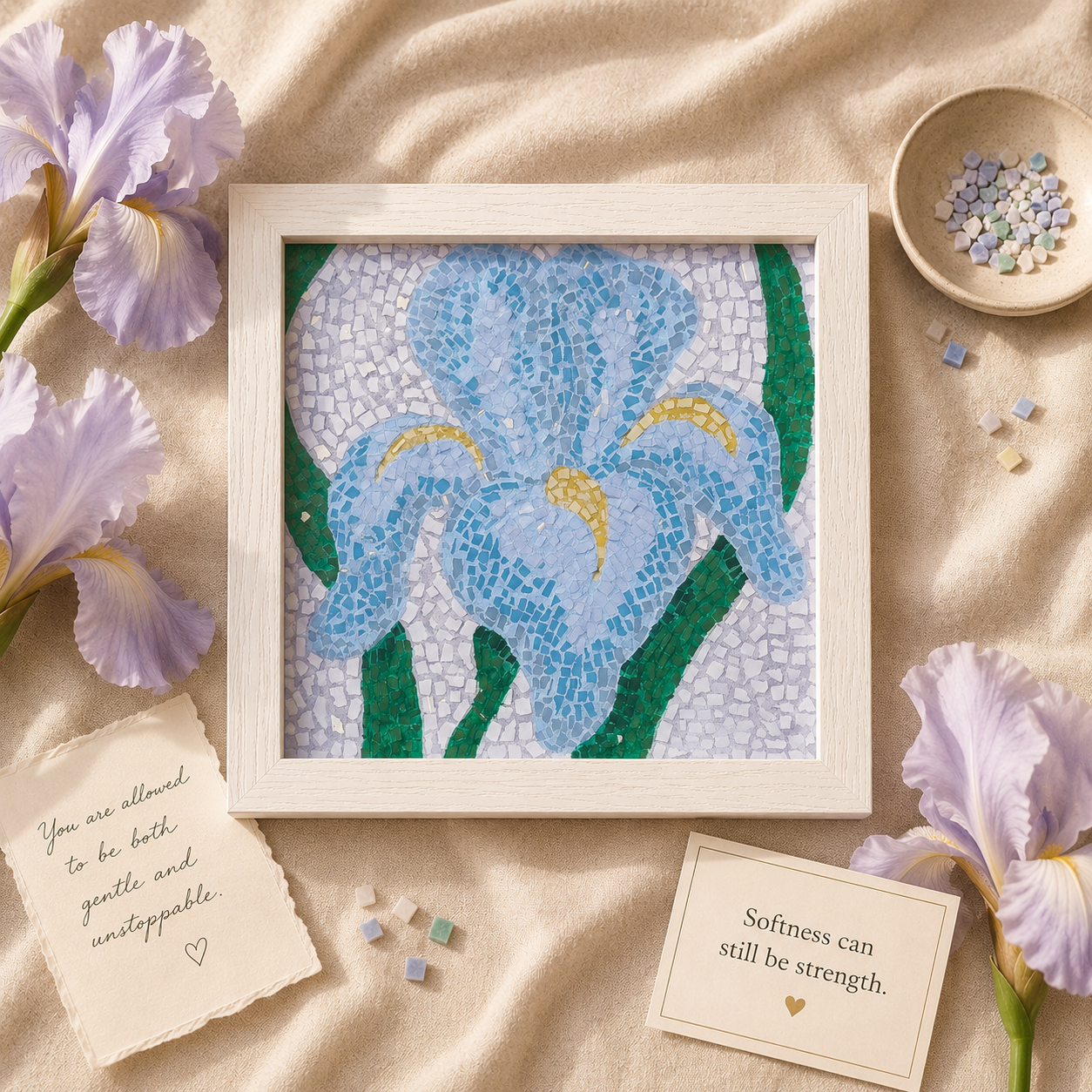 Aveline Iris Framed Fine Art Print | Floral Mosaic Wall Art for Soft Resilience