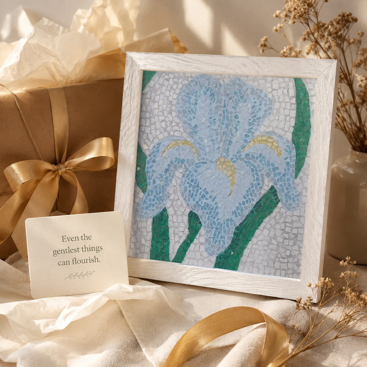 Aveline Iris Framed Fine Art Print | Floral Mosaic Wall Art for Soft Resilience