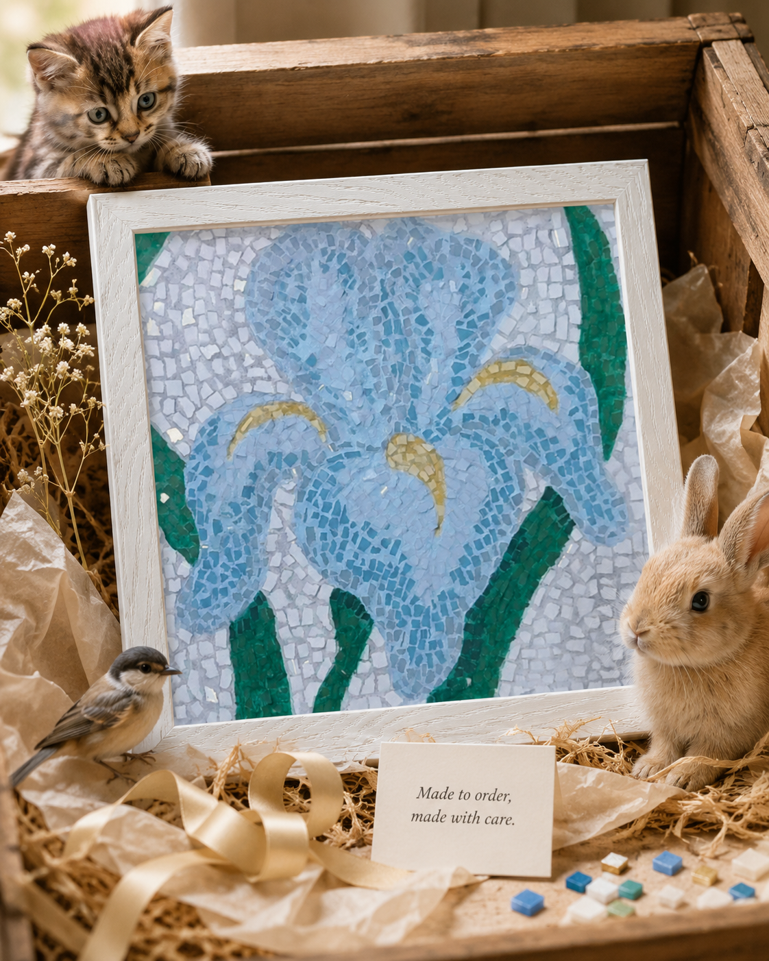 Aveline Iris Framed Fine Art Print | Floral Mosaic Wall Art for Soft Resilience