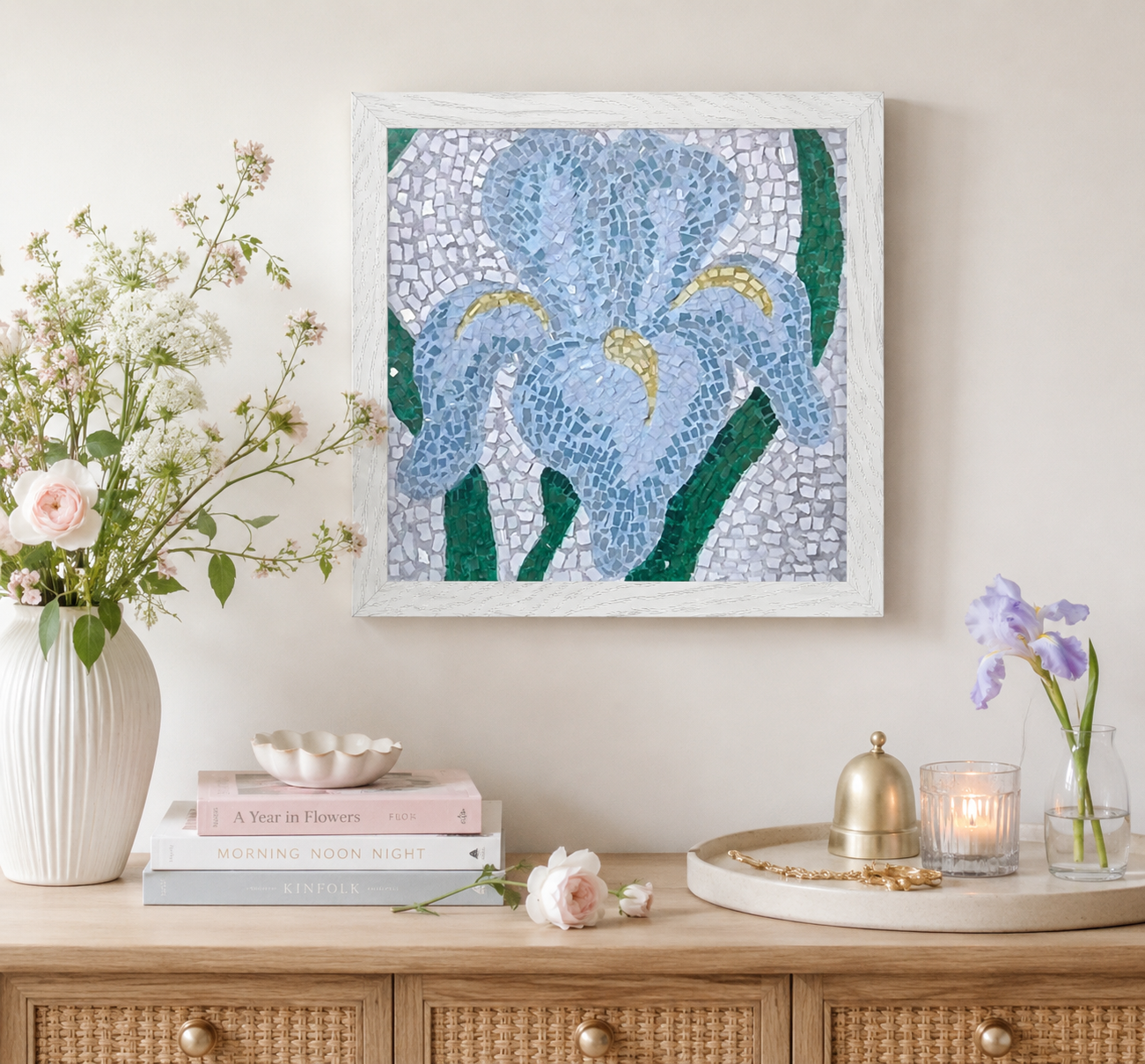 Aveline Iris Framed Fine Art Print | Floral Mosaic Wall Art for Soft Resilience