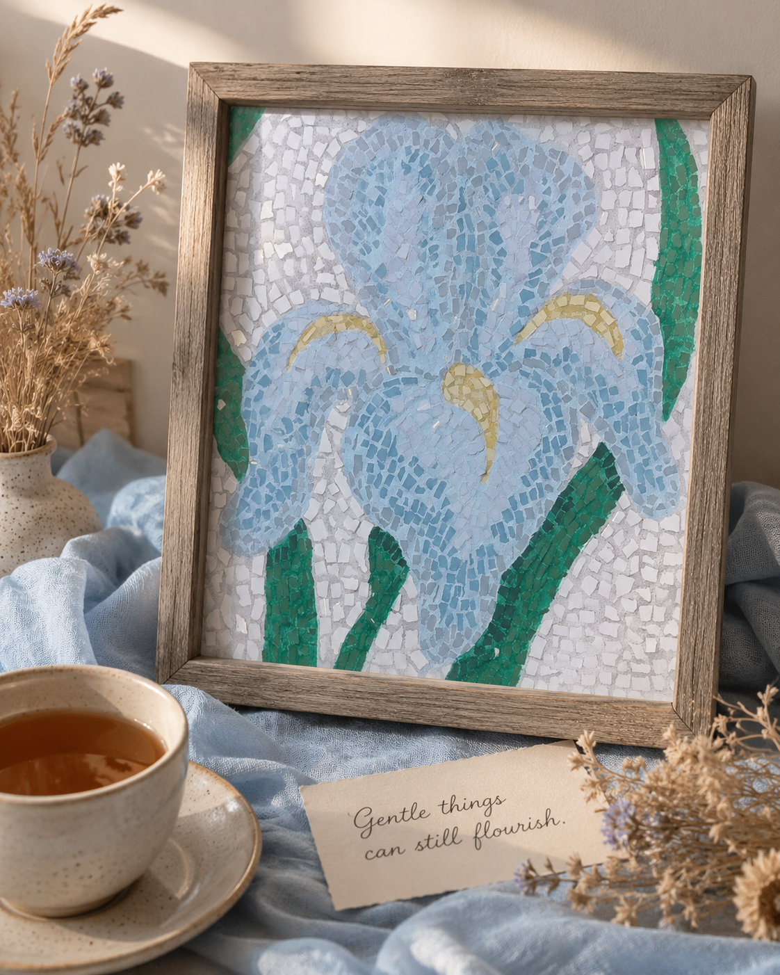 Aveline Iris Fine Art Poster | Soft Botanical Mosaic Wall Art