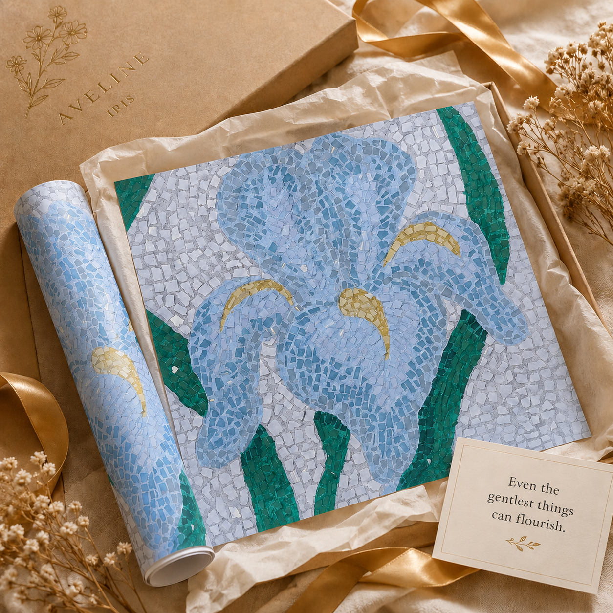 Aveline Iris Fine Art Poster | Soft Botanical Mosaic Wall Art