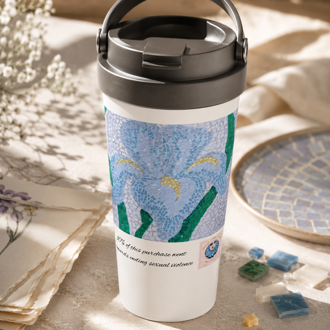 Aveline Iris Stainless Steel Travel Mug – 15oz Floral Art Mug