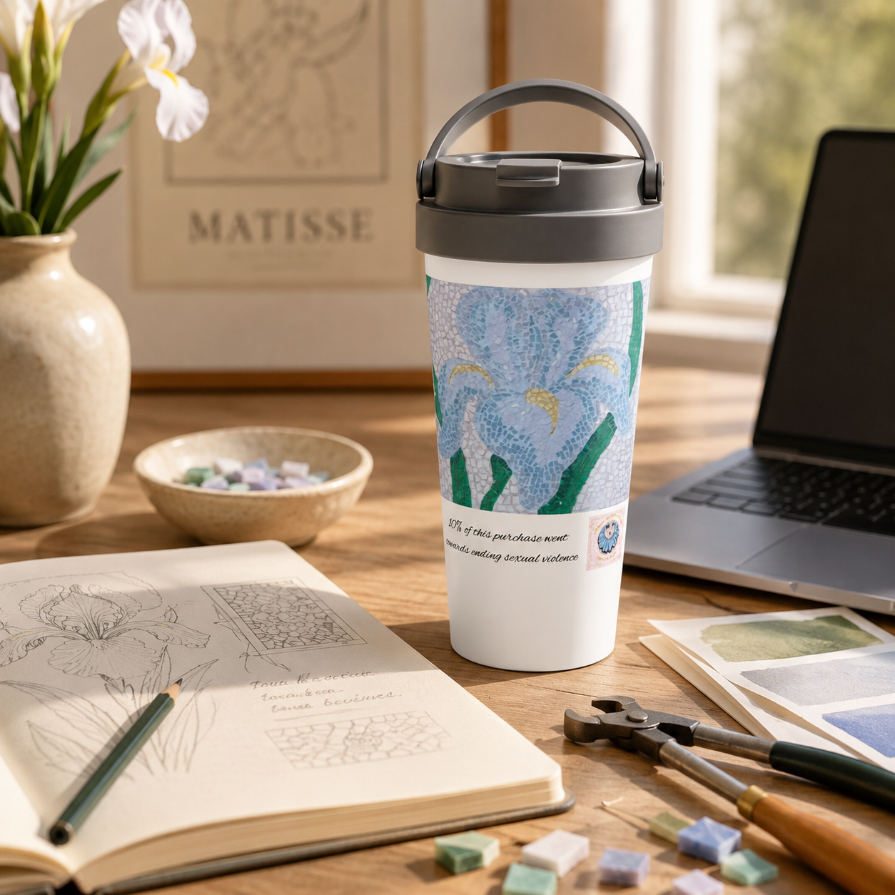 Aveline Iris Stainless Steel Travel Mug – 15oz Floral Art Mug