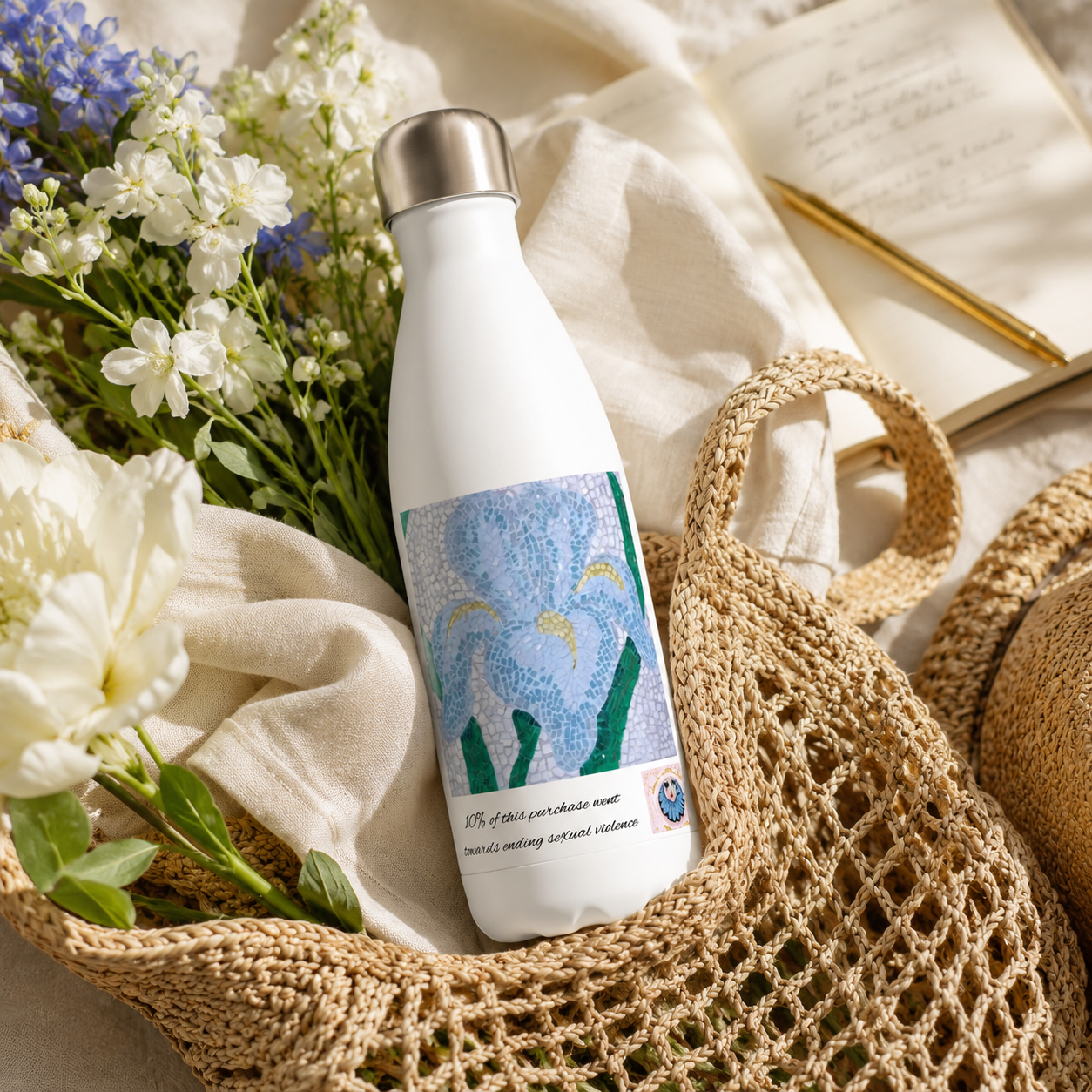 Aveline Iris Stainless Steel Water Bottle – 17oz Floral Art Bottle