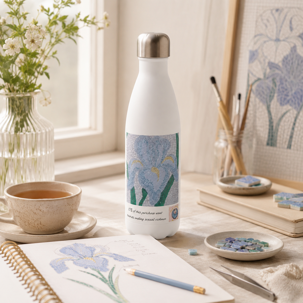 Aveline Iris Stainless Steel Water Bottle – 17oz Floral Art Bottle