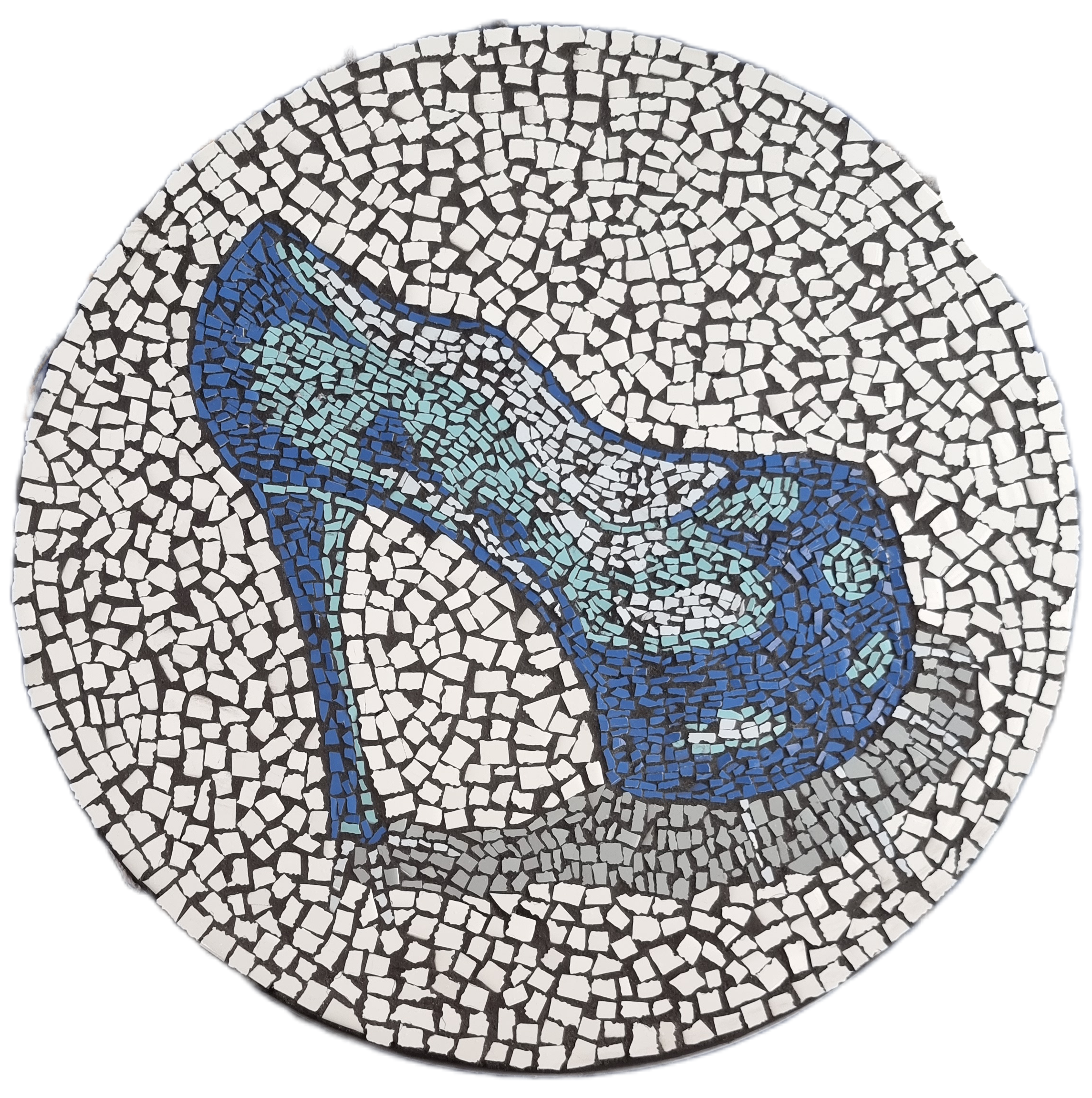 Load video: Video documenting the making of the Cinderella’s Glass Slipper mosaic, showing each stage from concept sketch to tile cutting, arranging the sleek high-heeled shoe on a white background, and finishing with detailed grouting and close-up reveals.
