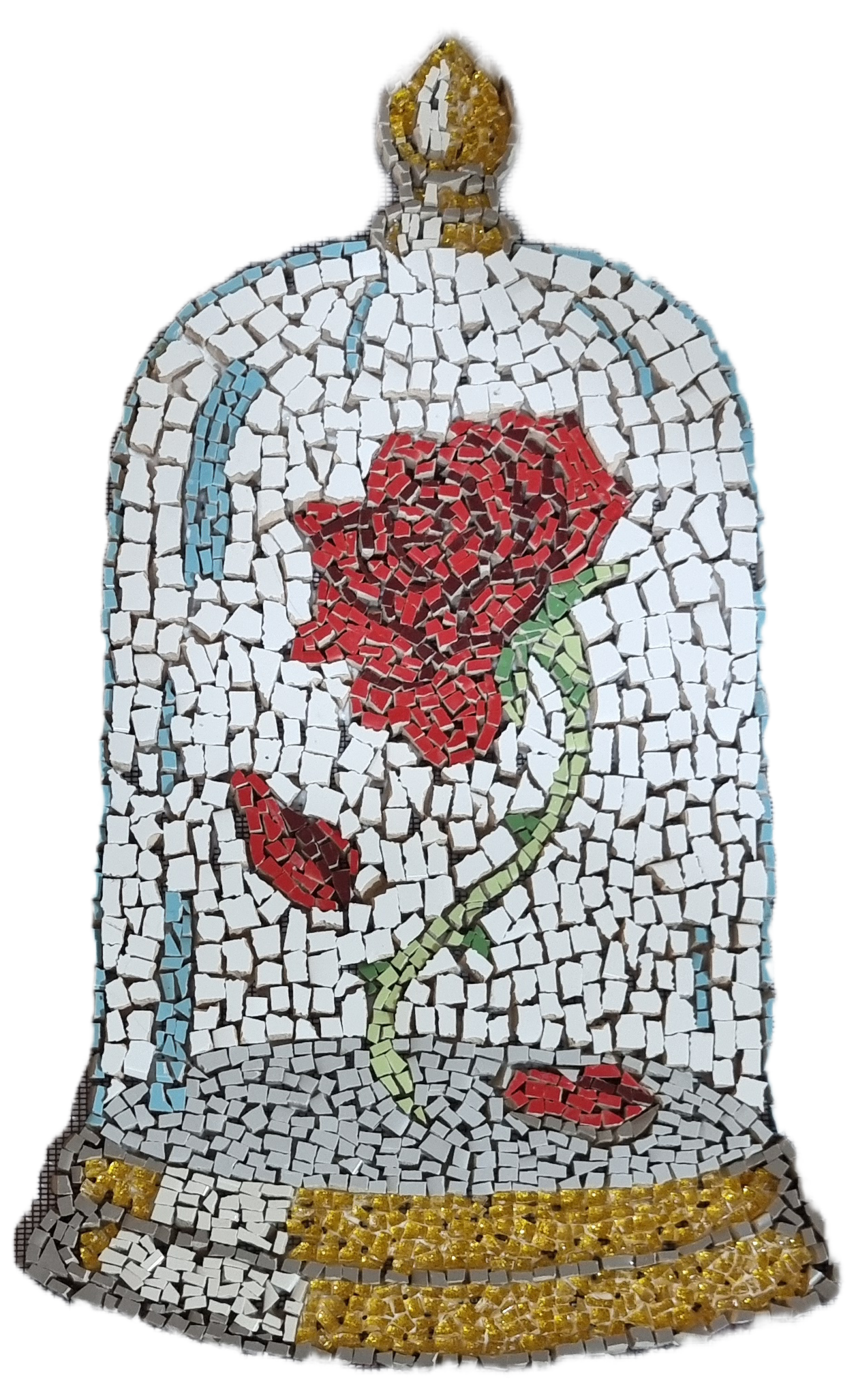 Cursed Rose mosaic on mesh backing, featuring deep red glass tiles and fractured detailing. Handcrafted fairytale-inspired design, ready for custom installation. Handmade mosaics for sale in Sebastopol, Victoria 