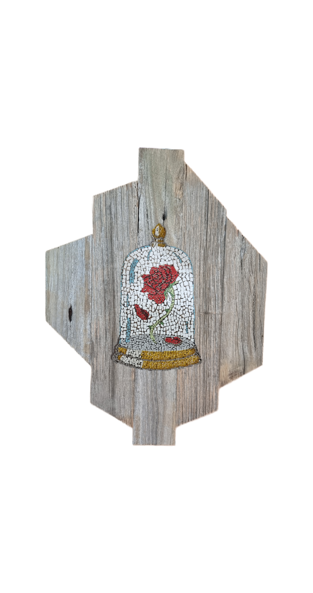 Cursed Rose mosaic mock-up in a rustic timber frame. Handcrafted fairytale artwork with rich red tones and fractured glass detail, presented in a warm, vintage-style display setting. Handmade mosaics for sale in Sebastopol, Victoria 