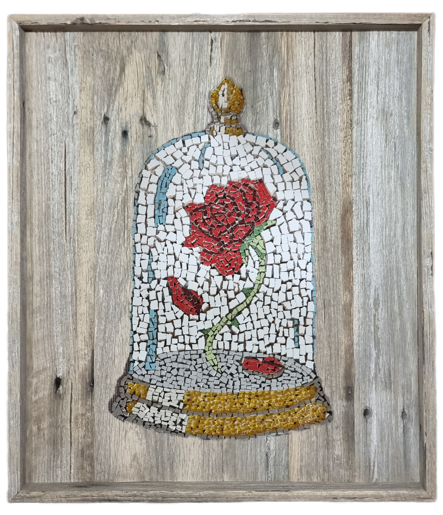 Cursed Rose mosaic mock-up in a black shadow box frame. Enchanted fairytale design featuring a glowing red rose in shattered glass detail, styled for bold, modern wall display. Handmade mosaics for sale in Sebastopol, Victoria 