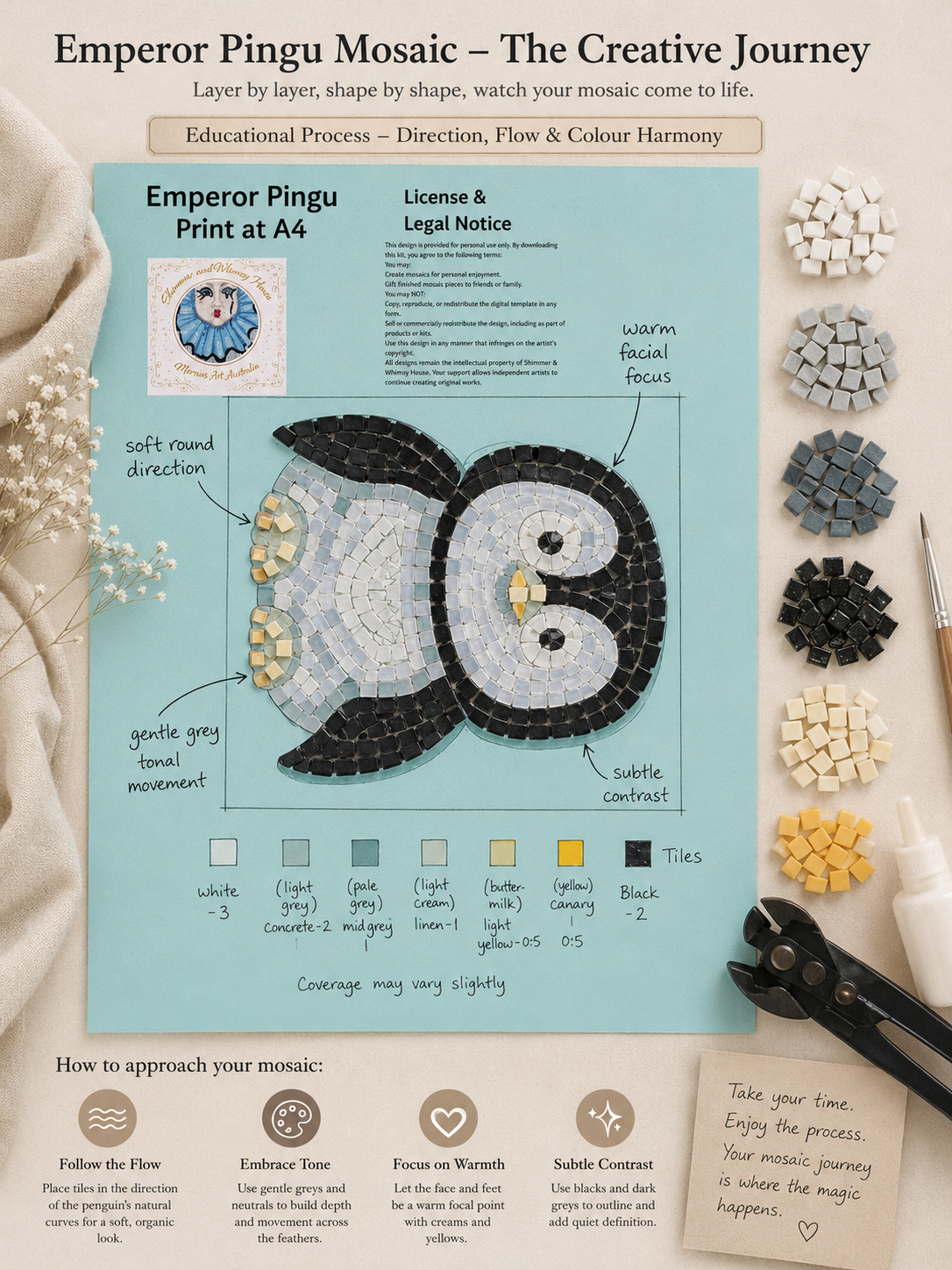 Emperor Pingu Penguin Mosaic Kit | Luxury Mosaic Art Kit with Plywood Board | 🛠 Luxury Kit