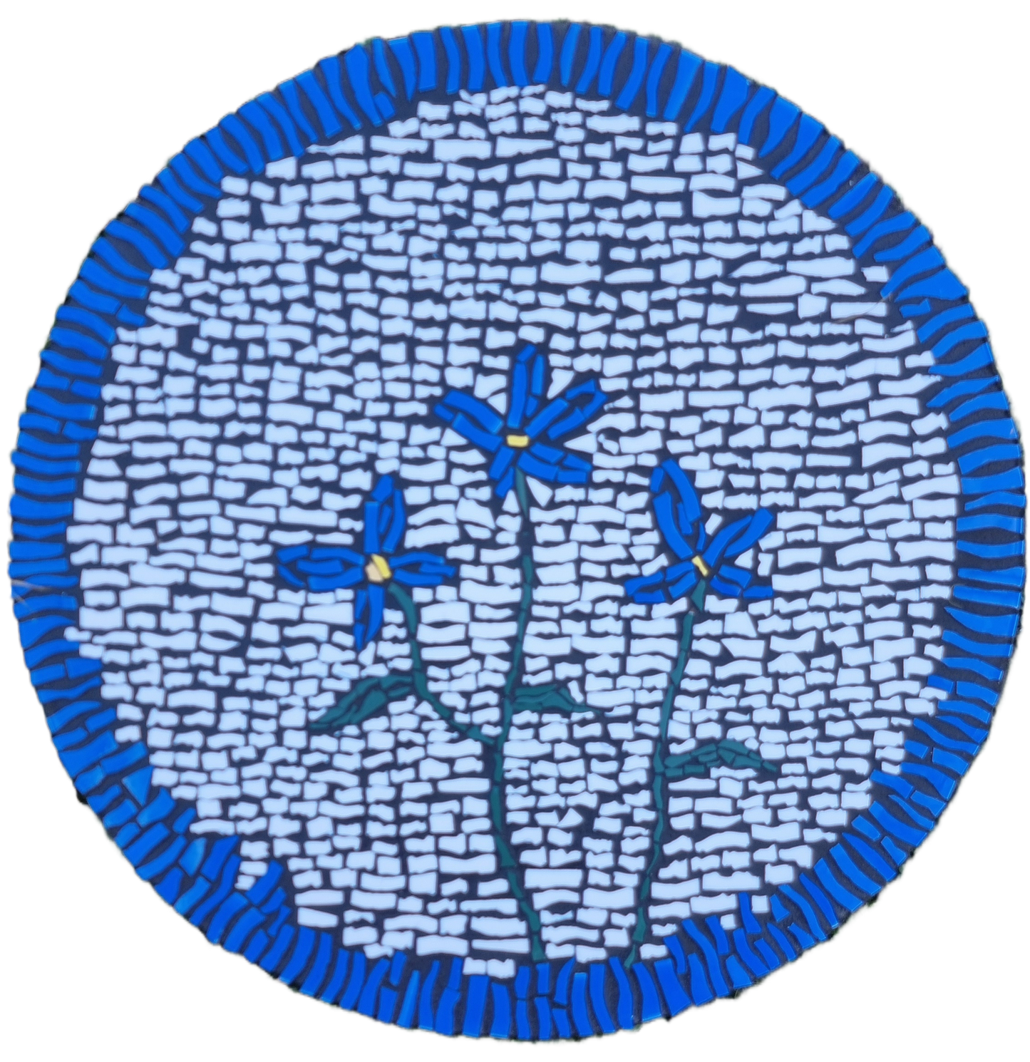 Forget-Me-Not Paver mosaic featuring soft blue flowers crafted in fine ceramic tile. A gentle, handcrafted piece symbolizing remembrance and love, perfect for outdoor spaces or memorial paths. Handmade mosaics for sale in Sebastopol, Victoria 