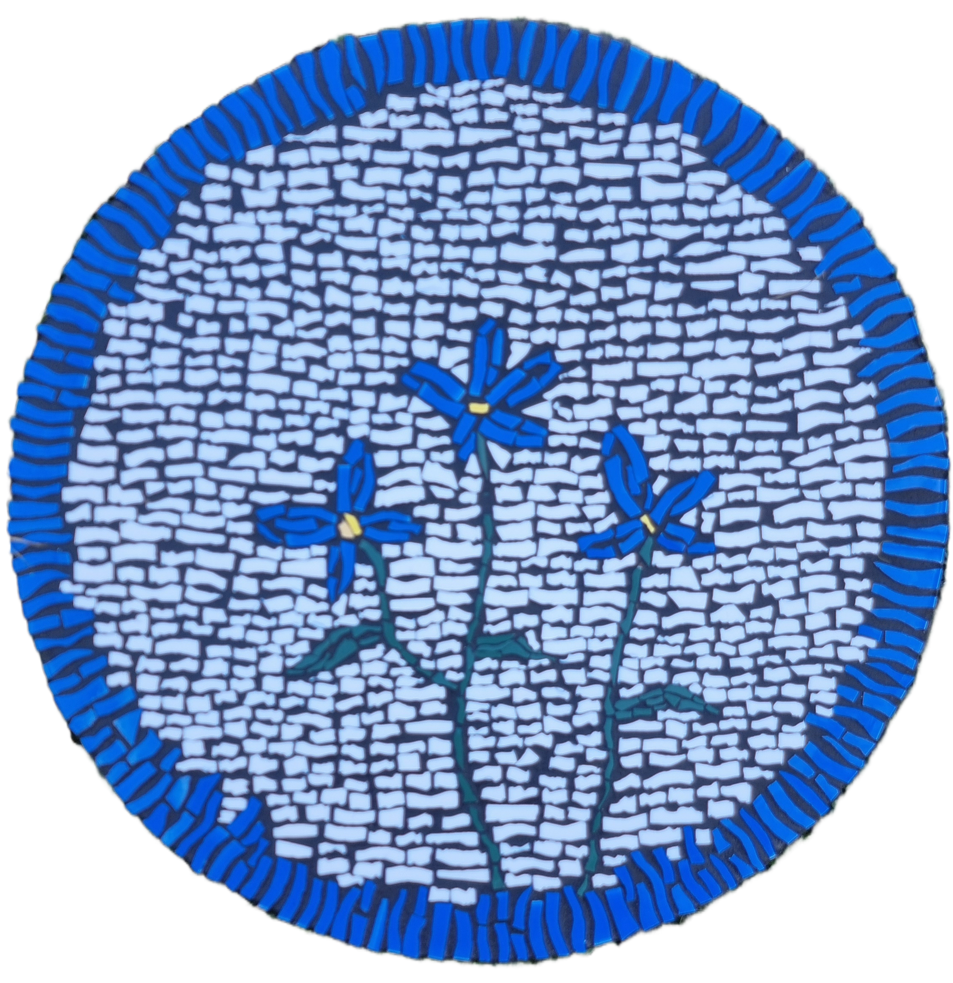 Forget-Me-Not Paver mosaic featuring soft blue flowers crafted in fine ceramic tile. A gentle, handcrafted piece symbolizing remembrance and love, perfect for outdoor spaces or memorial paths. Handmade mosaics for sale in Sebastopol, Victoria 