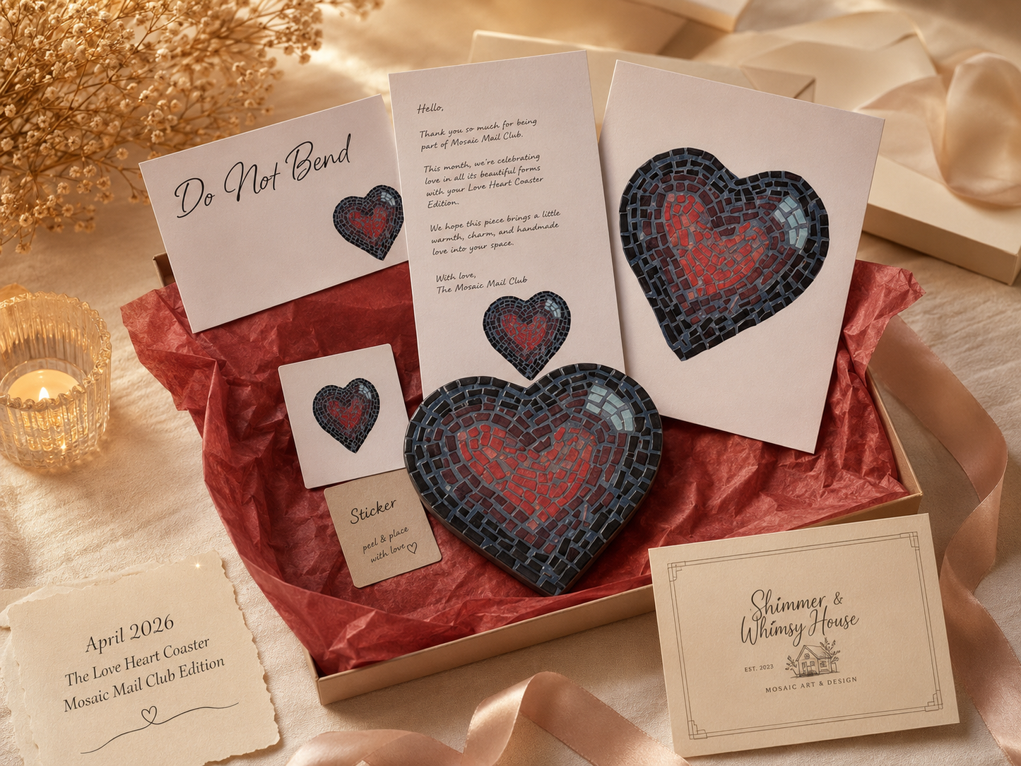 Past Mosaic Mail Club | April 2026 | Love Heart Coaster Mosaic