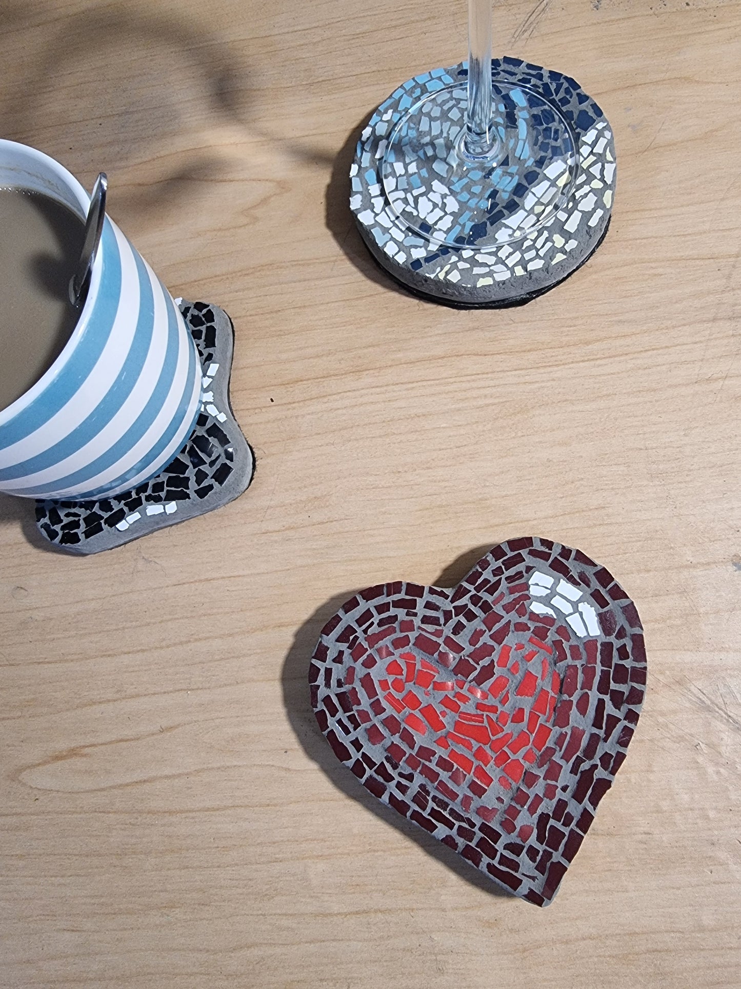 Heart Coaster mosaic with 2 others behind with cups on them for sale