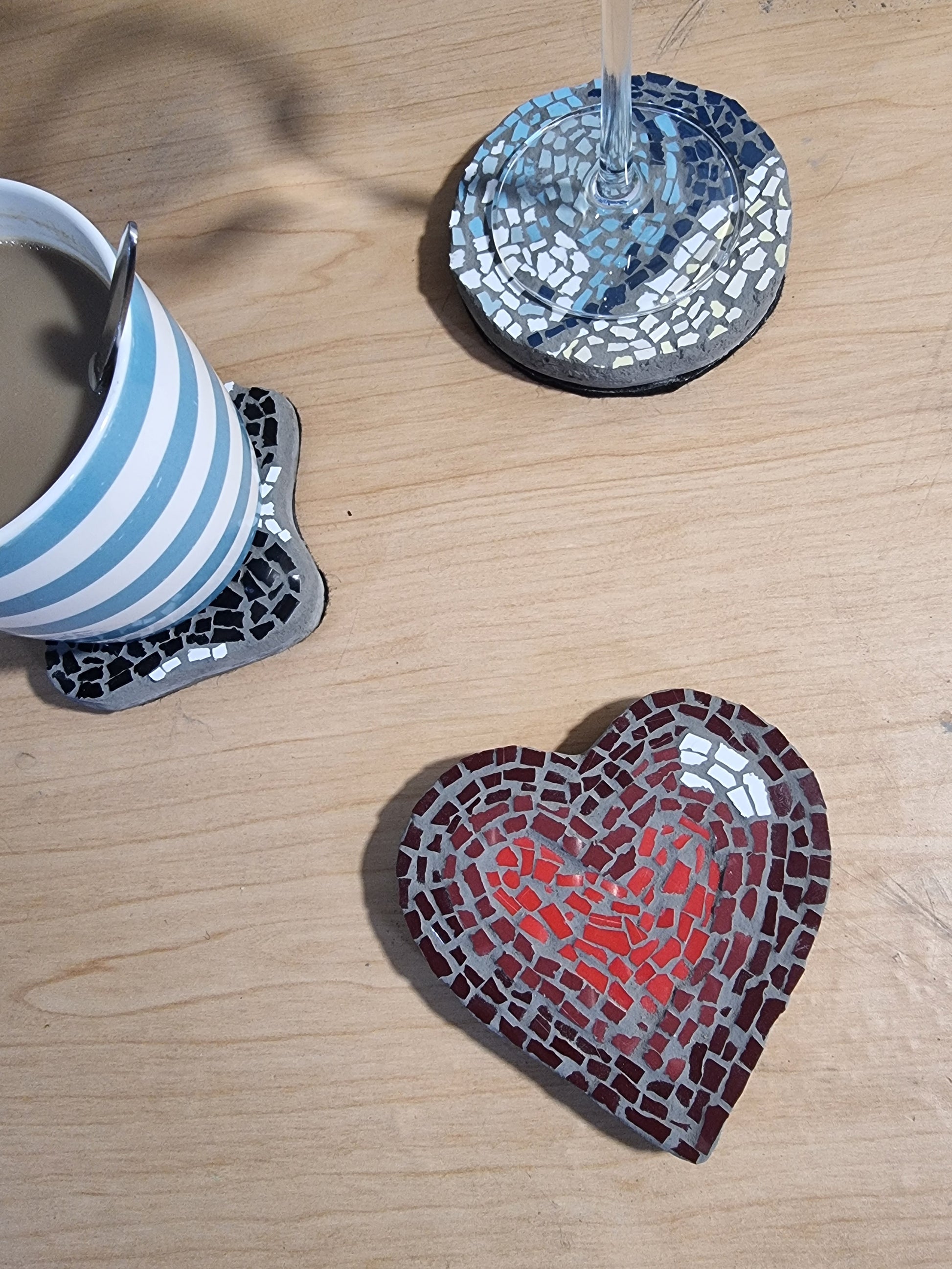 Heart Coaster mosaic with 2 others behind with cups on them for sale