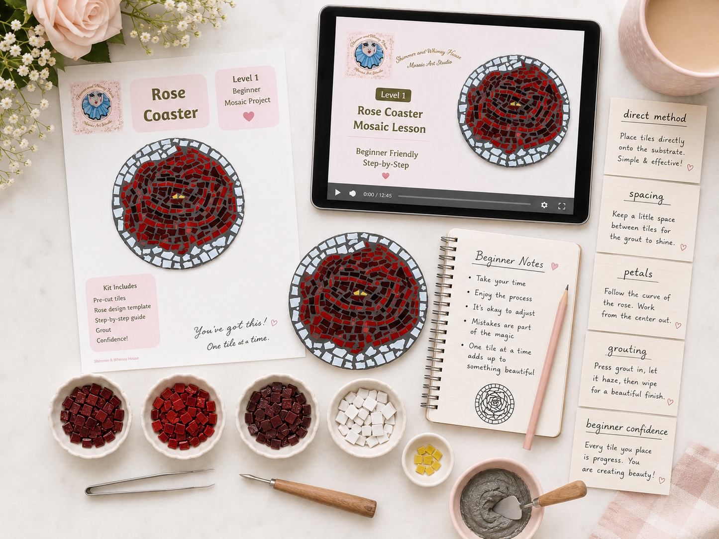 Rose Mosaic Coaster DIY Kit – 10cm Round | Beginner-Friendly  | 🌱 Level 1