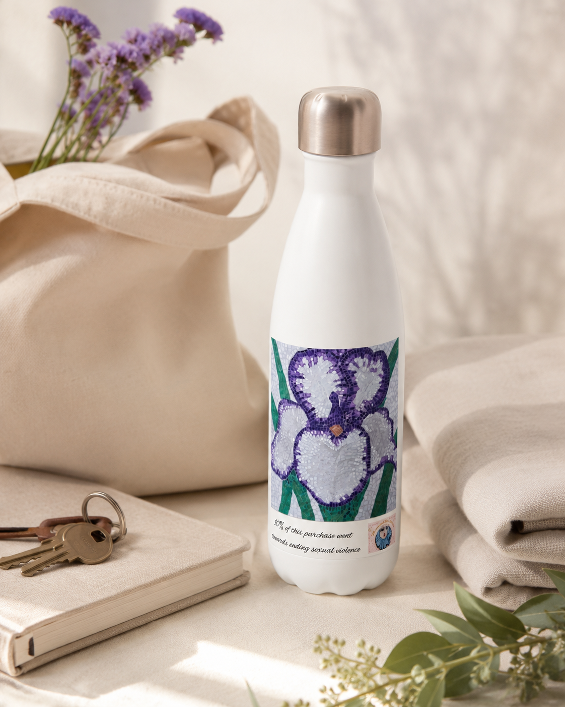 Violetta Iris Flower Mosaic Stainless Steel Water Bottle 17oz