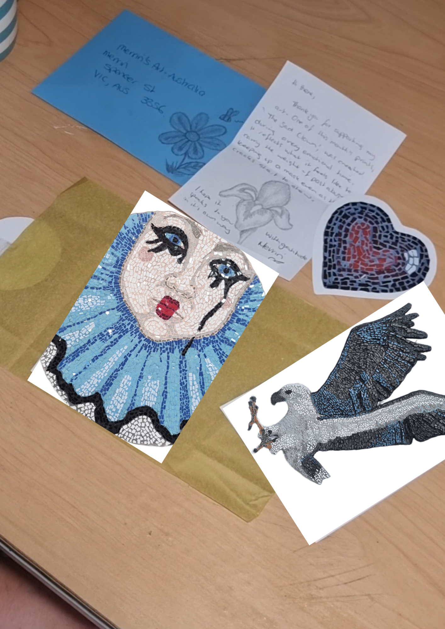 Mosaic postcard prints and sticker mail club spread for sale