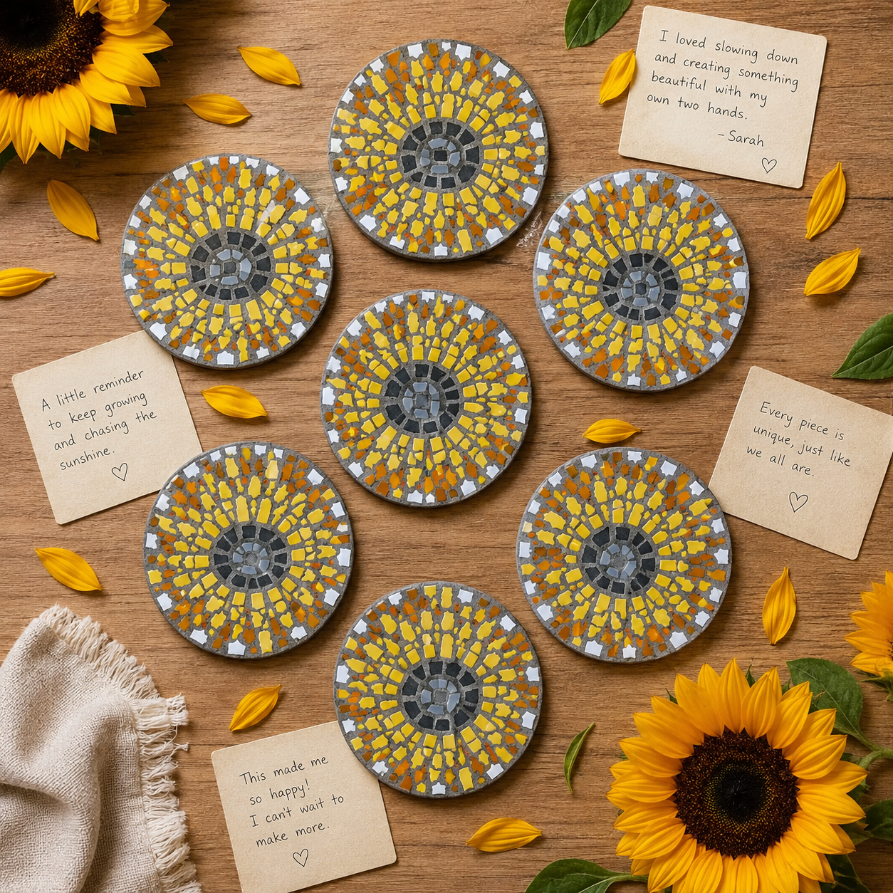 Sunflower Mosaic Coaster DIY Kit – 10cm Round | Beginner-Friendly  | 🌱 Level 1