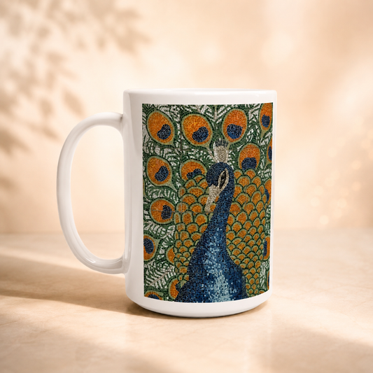 Peacock’s Awakening 15oz Ceramic Mug | Colourful Mug with Meaning