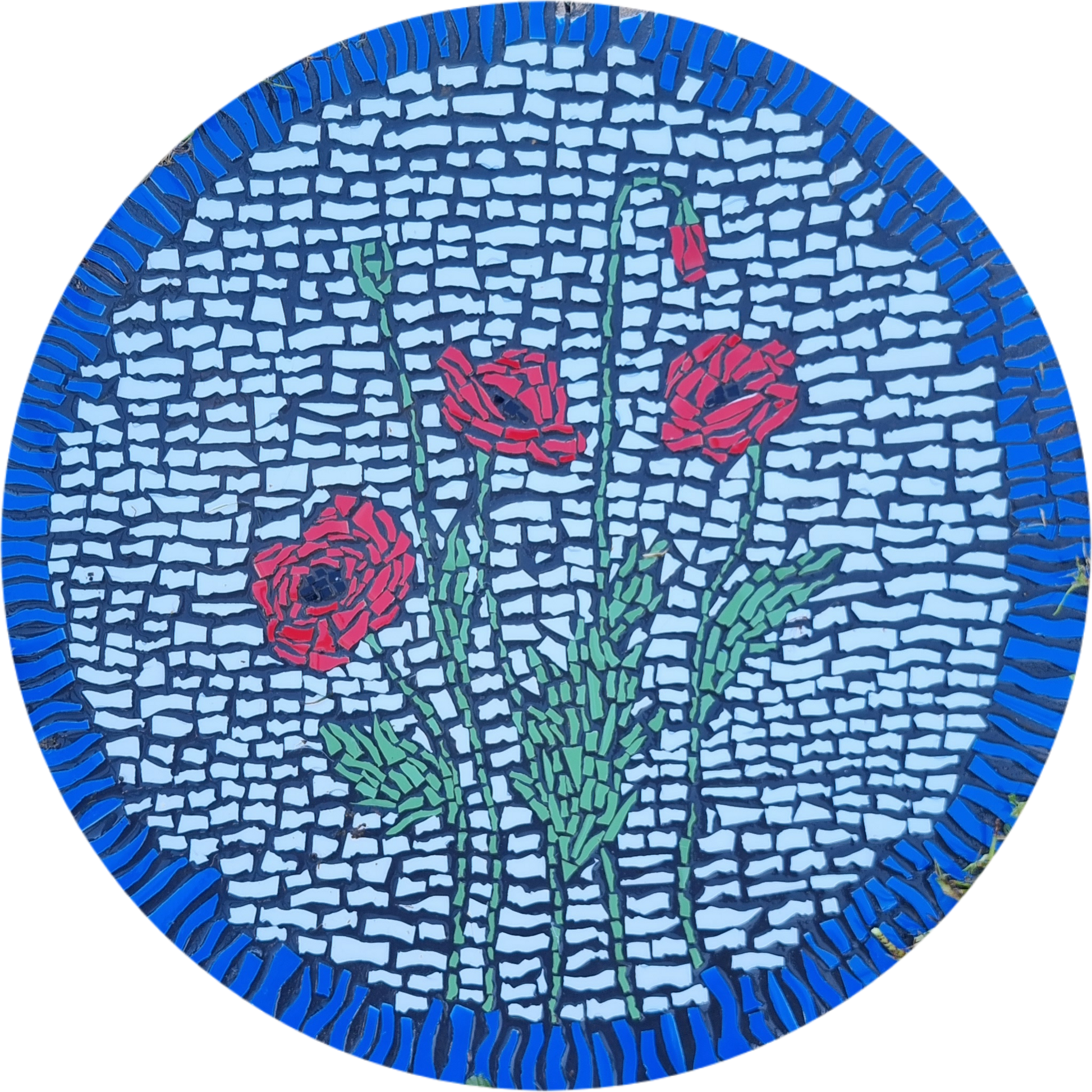 Poppy Paver mosaic featuring vibrant red poppies crafted from hand-cut tiles. A striking and durable piece for outdoor display, evoking remembrance and natural beauty. Handmade mosaics for sale in Sebastopol, Victoria 