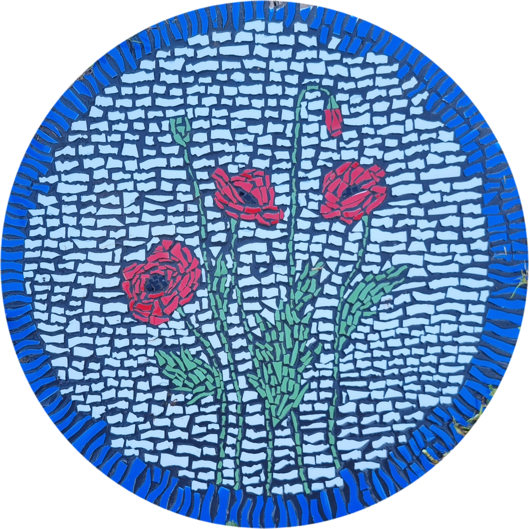 Poppy Paver mosaic featuring vibrant red poppies crafted from hand-cut tiles. A striking and durable piece for outdoor display, evoking remembrance and natural beauty.